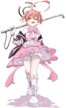 1girl absurdres ahoge alternate_costume alternate_hairstyle apron bandaid bandaid_on_knee bandaid_on_leg bloomers blue_archive boots bow bowtie braid center_frills commentary frilled_apron frills hair_bow halo highres hoffun holding holding_lead_pipe jacket layered_skirt lead_pipe long_sleeves magical_girl mole mole_under_each_eye mole_under_eye multiple_moles neru_(blue_archive) open_clothes open_jacket open_mouth orange_hair pink_bow pink_bowtie pink_skirt print_jacket red_eyes shirt short_hair short_twintails simple_background single_braid skirt sleeveless sleeveless_shirt solo sukajan twintails underwear waist_apron walking white_apron white_background white_bloomers white_boots