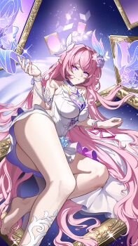 1girl absurdly_long_hair absurdres arm_support bare_shoulders barefoot breasts chinese_commentary commentary_request cyrene_(aedes_elysiae)_(honkai:_star_rail) cyrene_(honkai:_star_rail) cyrene_(ripples_of_past_reverie)_(honkai:_star_rail) dress estpoetry fingernails flower hair_flower hair_intakes hair_ornament hand_up highres honkai:_star_rail honkai_(series) large_breasts long_hair looking_at_viewer lying mem_(honkai:_star_rail) nail_polish on_side parted_lips partial_commentary picture_frame pink_hair pink_nails pointy_ears purple_eyes purple_flower purple_rose rose sidelocks smile solo thighs toenail_polish toenails very_long_hair white_dress
