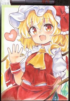 1girl :d art_tools_in_frame ascot baku-p blonde_hair bow collared_shirt cowboy_shot fang flandre_scarlet frilled_sailor_collar frills hat hat_bow heart highres long_hair looking_at_viewer marker_(medium) mob_cap open_mouth red_bow red_eyes red_skirt red_vest sailor_collar shirt skin_fang skirt smile solo touhou traditional_media vest waving white_hat white_shirt wrist_cuffs yellow_ascot
