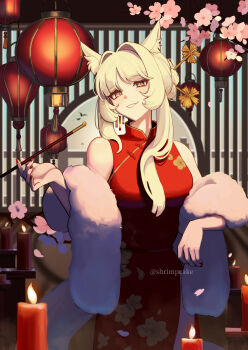 Rule 34 | 1girl, animal ear fluff, animal ears, arknights, breasts, candle, china dress, chinese clothes, commentary request, dress, feather boa, highres, holding, holding smoking pipe, horse ears, horse girl, horse tail, kiseru, long hair, looking at viewer, medium breasts, platinum (arknights), sleeveless, smoking pipe, solo, supershrimpcakes, tail, white hair, yellow eyes