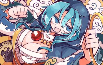 1girl adapted_costume blue_eyes blue_hair blue_hood breasts buddhist_nun chakram cleavage holding holding_weapon hood kesa kumoi_ichirin large_breasts long_hair long_sleeves massakasama open_mouth smile solo touhou weapon wide_sleeves