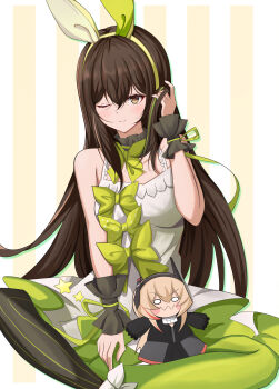 Rule 34 | 1girl, absurdres, animal ears, asymmetrical legwear, black pantyhose, bow, bowtie, breasts, brown eyes, brown hair, chestnut95, dress, fake animal ears, feet out of frame, frilled wrist cuffs, frills, girls' frontline, green bow, green hair, green pantyhose, green ribbon, highres, indian style, long hair, looking at viewer, m4 sopmod ii jr, m4a1 (a girl's hot air balloon adventure) (girls' frontline), m4a1 (girls' frontline), medium breasts, mismatched legwear, multicolored hair, official alternate costume, one eye closed, pantyhose, rabbit ears, ribbon, sitting, sleeveless, sleeveless dress, smile, solo, streaked hair, striped background, striped clothes, striped pantyhose, vertical-striped clothes, vertical-striped pantyhose, white dress, wrist cuffs