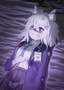 1girl absurdres animal_ear_fluff animal_ears aworuw1137 bandage_over_one_eye blue_archive breasts cross_hair_ornament glitch grey_hair hair_ornament halo highres holding holding_id_card id_card lying on_back on_ground sand shiroko_(blue_archive) shiroko_terror_(blue_archive) solo torn_clothes wolf_ears wolf_girl