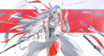 1girl absurdres animal_ears bridal_gauntlets commentary_request dress floating floating_object floating_sword floating_weapon fox_ears fox_girl fox_tail highres holding holding_sword holding_weapon leg_tattoo long_hair looking_at_viewer multiple_swords ooo_wange red_eyes solo sword tail tattoo thighs very_long_hair weapon white_dress white_hair ye_shunguang zenless_zone_zero