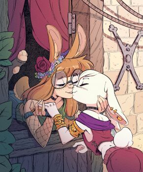 2girls absurdres animal_ears ass body_fur commentary crop_top earrings english_commentary fishnet_sleeves fishnets flower freckles furry furry_female furry_with_furry glasses hair_flower hair_ornament highres imminent_kiss jewelry le_cuix long_hair multiple_girls orange_hair original pants rabbit_ears rabbit_girl rabbit_tail red_flower red_pants red_shirt round_eyewear shirt smile tail teeth toeless_legwear white_fur