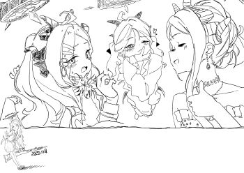 1girl ahoge blue_archive blush closed_eyes closed_mouth collared_shirt greyscale gun gz_(gzdteee) halo heart highres hina_(blue_archive) hina_(dress)_(blue_archive) holding holding_gun holding_weapon horns long_hair low_wings machine_gun mg42 monochrome multiple_views necktie open_mouth parted_bangs pleated_skirt shirt simple_background single_hair_intake skirt v very_long_hair wavy_mouth weapon white_background wings