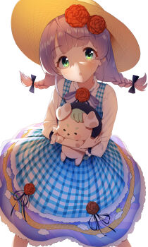 1girl absurdres animal aqua_eyes bad_id bad_link bad_twitter_id blue_dress blue_eyes blue_ribbon bpa_(bpa_echichi) braid decorative_flower dog dress frilled_dress frills from_above green_eyes hair_ribbon hat highres holding holding_animal holding_dog indie_virtual_youtuber low_twin_braids mochi_hiyoko mochipro plaid_clothes plaid_dress purple_hair ribbon straw_hat tareme twin_braids twintails virtual_youtuber yahiro_dog