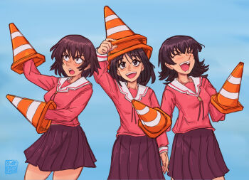 Rule 34 | 3girls, :d, ^ ^, alt text, arm up, artist name, azumanga daioh's school uniform, azumanga daiou, blue background, brown eyes, closed eyes, commentary, cowboy shot, english commentary, highres, kagura (azumanga daioh), kasuga ayumu, long sleeves, looking up, multiple girls, open mouth, pink shirt, pleated skirt, sailor collar, school uniform, serafuku, shirt, simple background, skirt, smile, standing, subzerofrog, takino tomo, traffic cone, traffic cone on head, v-shaped eyebrows, white sailor collar, winter uniform