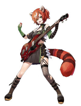 Rule 34 | 1girl, absurdres, animal ear fluff, animal ears, asymmetrical clothes, bare shoulders, black gloves, black skirt, commission, elbow gloves, electric guitar, fingerless gloves, fishnet thighhighs, fishnets, full body, gloves, green eyes, green gloves, guitar, hair ornament, hair over one eye, hairclip, highres, instrument, looking at viewer, multicolored hair, mytea (soso), orange hair, original, plectrum, short hair, shorts, side ponytail, single elbow glove, single thighhigh, skeb commission, skirt, solo, standing, streaked hair, striped clothes, tail, thick eyebrows, thighhighs, two-tone hair, white background, white hair