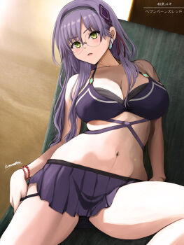 breasts commentary_request glasses green_eyes heaven_burns_red izumi_yuki_(heaven_burns_red) long_hair medium_breasts navel niwatori_kokezou purple_hair swimsuit