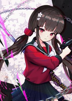 Rule 34 | 1girl, :3, absurdres, black background, black sailor collar, blood, brown hair, closed mouth, danganronpa (series), danganronpa v3: killing harmony, flower, gun, hair ornament, hair scrunchie, harukawa maki, highres, holding, holding gun, holding weapon, katana, katux514, long sleeves, looking at viewer, low twintails, miniskirt, mole, mole under eye, monokuma, pink blood, pleated skirt, red scrunchie, red shirt, revision, sailor collar, scrunchie, shirt, skirt, smile, sword, twintails, weapon