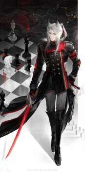 absurdres animal_ears arknights arknights:_endfield bishop_(chess) black_jacket board_game checkered_floor chess chess_piece chessboard chinese_commentary commentary_request highres jacket king_(chess) knight_(chess) long_hair pawn_(chess) pogranichnik_(arknights) solo tail