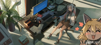 2girls :3 ^_^ animal_ears betty_(neural_cloud) blue_screen_of_death blush book brown_shorts cat_ears cellphone chair chibi chinese_commentary closed_eyes commentary_request computer_keyboard cup desk drawing_on_another&#039;s_face drawn_on_eyes drawn_whiskers fang from_above full_body girls&#039;_frontline girls&#039;_frontline_neural_cloud hairband headphones highres holding holding_phone idw_(girls&#039;_frontline) indoors lam_(neural_cloud) long_hair lwmmg_(girls&#039;_frontline) monitor mug multicolored_hair multiple_girls necktie office_chair on_chair open_mouth paper phone pink_hair plant rff_(3_percent) saliva shoes shorts sleeping sneakers sticky_note swivel_chair tissue_box twintails typewriter v very_long_hair watermark weibo_watermark white_hair window writing_on_face