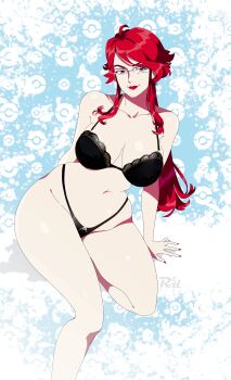 1girl absurdres ahoge black_bra bra breasts glasses highres jewelry large_breasts long_hair lorelei_(pokemon) nintendo pokemon pokemon_lgpe ponytail r3dfive red_eyes red_hair sidelocks smile solo swept_bangs tsurime underwear