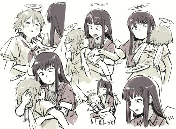 Rule 34 | 2girls, angel wings, black eyes, black hair, blunt bangs, blush, brown hair, closed mouth, haibane renmei, halo, jacket, limited palette, long hair, multiple girls, neckerchief, open clothes, open jacket, open mouth, rakka (haibane renmei), red neckerchief, reki (haibane renmei), short hair, short sleeves, sitting, sketch, smile, tsubobot, wings