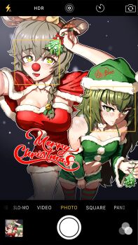 absurdres amane_suzuha annoyed bare_shoulders blunt_bangs blush breasts capelet cleavage cosplay crop_top dress fur-trimmed_capelet fur-trimmed_dress fur-trimmed_shorts fur_trim green_eyes green_hair green_shorts green_tank_top green_thighhighs hashtag-only_commentary hat highres hiyajou_maho holding holding_mistletoe kiros_temple medium_breasts merry_christmas messy_hair mistletoe multiple_girls open_mouth red_dress red_thighhighs rudolph_the_red_nosed_reindeer rudolph_the_red_nosed_reindeer_(cosplay) santa_costume santa_dress santa_hat science_adventure shorts small_breasts steins;gate steins;gate_0 stomach striped_clothes striped_thighhighs tank_top teeth thighhighs tongue white_thighhighs