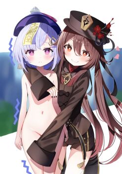 2girls age_difference black_headwear black_shorts blush brown_hair chinese_clothes completely_nude covering_privates covering_crotch flower genshin_impact hat hat_flower heart highres hu_tao_(genshin_impact) jiangshi leaning_forward legs_together loli long_sleeves multiple_girls navel nude onee-loli purple_eyes purple_hair purple_headwear qingdai_guanmao qiqi_(genshin_impact) red_eyes sad sakura_yuu_(hzjy8485) shorts smile standing star-shaped_pupils star_(symbol) symbol-shaped_pupils tailcoat talisman trembling twintails wide_sleeves yuri