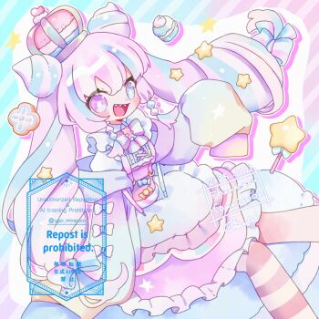 1girl :d apron blue_background blue_eyes blue_hair blush bow bowtie bright_pupils commentary_request commission crown dated diagonal-striped_background double-parted_bangs double_bun dress drop_shadow feet_out_of_frame frilled_dress frills hair_between_eyes hair_bun hand_up heterochromia indie_virtual_youtuber katou_karoma long_hair long_sleeves looking_at_viewer mochimura_sorata multicolored_hair open_mouth outline pink_background pink_bow pink_bowtie pink_dress pink_eyes pink_hair sharp_teeth signature sitting skeb_commission sleeve_bow sleeves_past_fingers sleeves_past_wrists smile solo star_(symbol) striped_background striped_bow striped_bowtie striped_clothes teeth thank_you twintails two-tone_hair upper_teeth_only virtual_youtuber waist_apron watermark white_apron white_bow white_outline white_pupils