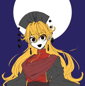 1girl black_dress black_eyes black_hat black_sash blonde_hair bright_pupils casimia commentary_request crazy dalachi_(headdress) dot_nose dress earrings flat_color full_moon hair_between_eyes hat highres jewelry junko_(touhou) korean_commentary long_hair long_sleeves moon night open_mouth outdoors red_pupils red_scarf red_tabard sash scarf shirt sky smile solo tabard tassel tassel_earrings touhou turtleneck turtleneck_shirt upper_body very_long_hair waist_sash