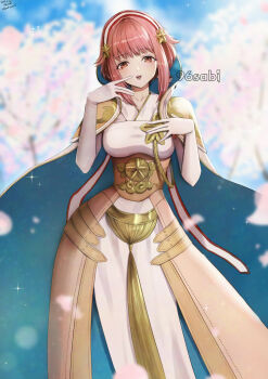 1girl bob_cut breasts bridal_gauntlets cloak commentary_request commission fire_emblem fire_emblem_fates fire_emblem_heroes hand_on_own_chest hands_up highres holding holding_staff inverted_bob medium_breasts nintendo official_alternate_costume open_mouth priestess sakura_(fire_emblem) sakura_(in_full_bloom)_(fire_emblem) skeb_commission solo staff white_cloak yamamori_kinako