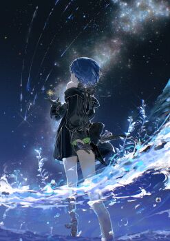 1girl aurora black_bow black_dress black_gloves blue_hair bow commentary_request detached_sleeves dress from_below gloves highres kiritani_haruka kono_monogatari_wa_kibou_wo_nosete_(project_sekai) koppan night official_alternate_costume partially_underwater_shot plant project_sekai shooting_star short_hair sky sleeves_past_wrists solo sparkle star_(sky) starry_sky strapless strapless_dress wading water