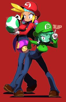 1up 2girls ahoge alternate_costume blonde_hair blue_eyes breasts cap colored_skin cosplay crossover earrings full_body gloves green_hair green_skin hat highres jewelry large_breasts luigi luigi_(cosplay) mario mario_(cosplay) mario_(series) multiple_girls nintendo one_eye_closed poison_mushroom purple_eyes red_background red_eyes rottytops sakurajyousui_nami shantae_(series) shoes skull_earrings sky_(shantae) smile yoshi_egg