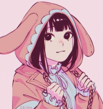 1girl 23i2ko :3 animal_ears animal_hood black_eyes black_hair blunt_bangs bob_cut clothes_tug collared_shirt dead_by_daylight fake_animal_ears feng_min highres hood hood_pull hood_up hoodie looking_at_viewer neck_ribbon pink_background pink_hoodie pink_theme ribbon shirt short_hair simple_background solo sparkling_eyes upper_body white_shirt