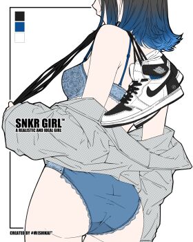 Rule 34 | 1girl, artist name, bambi surprise, black hair, black shoes, blue bra, blue hair, blue pants, bra, breasts, commentary, english commentary, eyes out of frame, from behind, gradient hair, grey jacket, head out of frame, highres, holding, holding shoes, holding unworn clothes, jacket, jacket partially removed, medium breasts, medium hair, multicolored hair, nike (company), original, pants, shoelaces, shoes, sneakers, solo, two-tone hair, underwear, unworn shoes, white shoes
