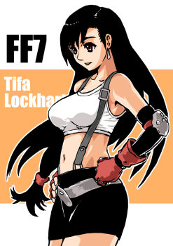 Rule 34 | 1990s (style), 1girl, bare shoulders, belt, black hair, breasts, earrings, elbow gloves, female focus, final fantasy, final fantasy vii, fingerless gloves, gloves, hands on own hips, jewelry, long hair, midriff, miniskirt, red eyes, skirt, solo, suspenders, tank top, tifa lockhart, white background, yamamune-z
