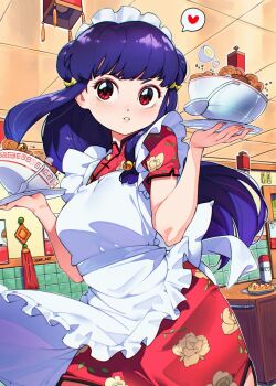 1girl apron blue_hair bow breasts cesar_art456 chinese_clothes cowboy_shot dress floral_print food hair_bow heart highres holding holding_food indoors large_breasts long_hair ranma_1/2 red_dress red_eyes shampoo_(ranma_1/2) solo spoken_heart standing waitress white_apron white_headdress