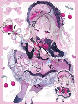 1girl ankle_strap black_bow black_capelet black_ribbon black_sleeves black_socks blunt_bangs blush bonnet border bow bow_legwear brooch capelet cherry chibi chibi_inset chinstrap closed_mouth colored_inner_hair dress drill_hair dutch_angle feet_out_of_frame food footwear_bow frilled_bonnet frilled_capelet frilled_dress frilled_sleeves frills fruit furrowed_brow grey_hair hair_intakes hair_ornament hair_ribbon hashtag-only_commentary heart heart_background heart_brooch heart_wand highres holding holding_wand jewelry knees_together_feet_apart long_hair long_sleeves looking_at_viewer magical_girl makaino_ririmu multicolored_hair neck_ribbon nijisanji official_alternate_costume official_alternate_hairstyle outside_border petticoat pink_border pink_bow pink_dress pink_hair pink_ribbon pink_shoes pink_streaks pointy_ears polka_dot polka_dot_background puffy_long_sleeves puffy_sleeves red_eyes red_ribbon ribbon shoes sidelocks socks star-shaped_pupils star_(symbol) streaked_hair symbol-shaped_pupils two-handed two-tone_hair two_side_up v-shaped_eyebrows virtual_youtuber wand white_background white_ribbon white_socks winged_heart winged_wand x_hair_ornament y20x0_o