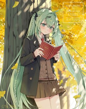 Rule 34 | 1girl, artist name, autumn, autumn leaves, black jacket, black ribbon, blush, book, braid, brown cardigan, brown skirt, buttons, cardigan, closed mouth, collared shirt, commentary, cowboy shot, ctd 114, day, green eyes, green hair, hair between eyes, hair ornament, hair ribbon, hairclip, hatsune miku, highres, holding, holding book, jacket, leaf, long hair, long sleeves, miniskirt, necktie, open book, open clothes, open jacket, outdoors, parallel hairclips, pleated skirt, red necktie, ribbon, shirt, skirt, solo, standing, tears, tree, twintails, very long hair, vocaloid, watermark, white shirt