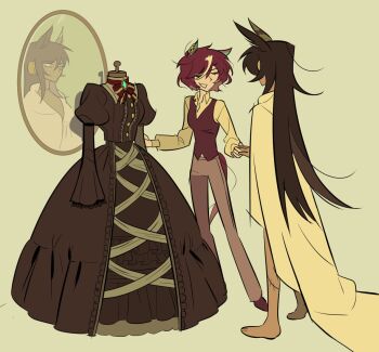 2girls alternate_costume animal_ears barefoot black_dress black_hair black_shoes black_vest brown_hair closed_eyes collared_shirt commentary_request dark-skinned_female dark_skin dress dress_pants dress_shoes ear_covers expressionless eyepatch full_body gown grey_background grey_pants hair_between_eyes happy holding_hands horse_ears horse_girl horse_tail korean_commentary long_hair long_hair_between_eyes long_sleeves mannequin mirror multiple_girls open_mouth pants pointy_nose puffy_long_sleeves puffy_sleeves reflection robe sazzi_01 shirt shoes short_hair simple_background single_ear_cover smile stitched_leg stitched_neck stitches straight_hair symboli_kris_s_(jetblack_automaton)_(umamusume) symboli_kris_s_(umamusume) tail tanino_gimlet_(umamusume) umamusume unworn_dress very_long_hair vest white_robe white_shirt yuri