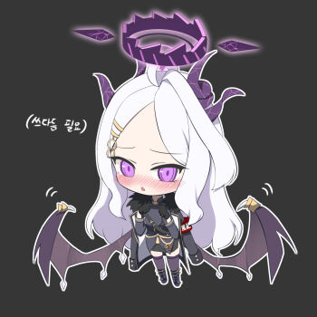 1girl ahoge armband black_coat black_gloves black_skirt blue_archive chibi coat coat_on_shoulders commentary_request demon_girl demon_horns demon_wings full_body gloves halo hina_(blue_archive) horns korean_commentary long_hair low_wings red_armband simple_background skirt solo standing tongooei very_long_hair white_hair wings