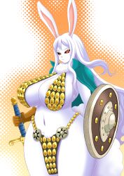 Rule 34 | 1girl, areola slip, armor, bikini armor, black sclera, breasts, cape, carrot (one piece), cleavage, colored sclera, female focus, furry, furry female, gladiator, huge breasts, long hair, looking at viewer, navel, nazca (rapid-rabbit&#039;s), one piece, rabbit, rabbit ears, rabbit tail, rebecca (one piece), rebecca (one piece) (cosplay), red eyes, revealing clothes, shield, solo, sulong form, sword, thick thighs, thighs, weapon, white fur, white hair, wide hips