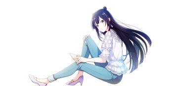 Rule 34 | 1girl, aqua pants, blunt ends, double bun, earrings, from side, game cg, hair bun, hand on own knee, high heels, highres, holding seashell, jewelry, knees up, lapis re:lights, long hair, looking at viewer, looking to the side, official art, pants, parted lips, pumps, purple eyes, purple hair, see-through clothes, see-through sleeves, shirt, shoes, sidelocks, simple background, sitting, solo, third-party source, transparent background, white shirt, white shoes, yue (lapis re:lights)