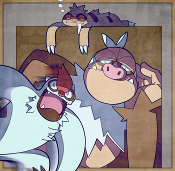 Rule 34 | absurdres, claws, closed eyes, closed mouth, commentary request, drooling, evolutionary line, fangs, gen 3 pokemon, head rest, highres, lying, nintendo, no humans, nostrils, on stomach, open mouth, pokemon, pokemon (creature), pokemon focus, saliva, slaking, slakoth, sleeping, smile, toucho3691, vigoroth