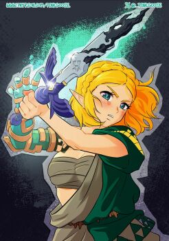 1girl archaic_set_(zelda) artist_name blonde_hair blue_eyes blush braid breasts chest_sarashi clenched_teeth commentary cosplay crown_braid decayed_master_sword english_commentary gurinsensei highres holding holding_sword holding_weapon link link_(cosplay) looking_at_viewer master_sword medium_breasts nintendo patreon_username pointy_ears princess_zelda sarashi short_hair solo sword teeth the_legend_of_zelda the_legend_of_zelda:_tears_of_the_kingdom twitter_username twitter_x_logo upper_body weapon