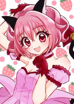 1girl animal_ear_fluff animal_ears arm_up blush bow breasts cat_day cat_ears cat_girl cat_tail choker cleavage dress emerald0w0 food frilled_choker frills fruit gloves hair_between_eyes hair_ornament looking_at_viewer medium_breasts mew_ichigo momomiya_ichigo open_mouth paw_pose pink_dress pink_eyes pink_gloves pink_hair smile solo strapless strapless_dress strawberry tail tail_bow tail_ornament tokyo_mew_mew