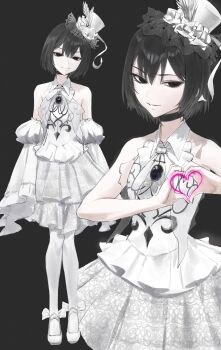 1girl absurdres bare_arms bare_shoulders black_background black_choker black_eyes black_hair black_trim bob_cut breasts choker closed_mouth collared_shirt commentary cowboy_shot detached_sleeves dress empty_eyes eyelashes full_body gothic_lolita hair_between_eyes halter_dress halterneck hashtag-only_commentary hat heart heart_hands highres juliet_sleeves light_smile lolita_fashion long_sleeves looking_at_viewer mini_hat mini_top_hat monogatari_(series) multiple_views narrowed_eyes no_gloves oshino_ougi pale_skin pantyhose parted_lips puffy_sleeves shirt shoes short_hair simple_background sleeves_past_fingers sleeves_past_wrists small_breasts smile solo_focus standing symbol-only_commentary tabulagami top_hat white_dress white_hat white_pantyhose white_shoes