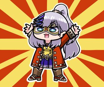 1girl blue_eyes boots coat cosplay el_condor_pasa_(umamusume)_(cosplay) feather_hair_ornament hair_ornament hololive hololive_indonesia luchador luchador_mask mask pavolia_reine ponytail skirt umamusume white_hair