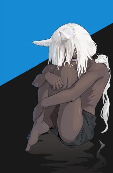 1girl animal_ears arknights black_background black_shorts blue_background camel_ears camel_girl commentary_request dark-skinned_female dark_skin hair_over_one_eye highres iroiro_yaru_hito knees_to_chest long_hair looking_at_viewer ponytail purple_eyes shorts solo topless_female tuye_(arknights) two-tone_background white_hair