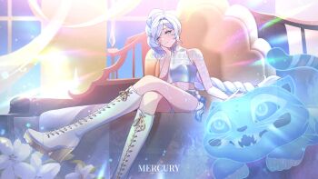 Rule 34 | 1girl, absurdly long hair, blue eyes, boots, braid, braided ponytail, breasts, cosplay, crop top, crossed legs, derpy (kpop demon hunters), high heel boots, high heels, highres, kpop demon hunters, long hair, long legs, mercury jc, ponytail, rumi (kpop demon hunters), rumi (kpop demon hunters) (cosplay), rwby, shirt, short shorts, shorts, sitting, small breasts, throne, very long hair, weiss schnee, white boots, white hair, white shirt, white shorts