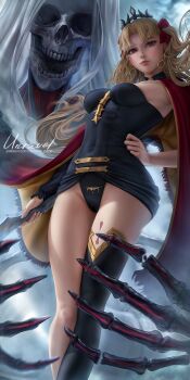 1girl asymmetrical_sleeves blonde_hair bow breasts cloak dress earrings ereshkigal_(fate) fate/grand_order fate_(series) fur-trimmed_cloak fur_trim hair_bow hand_on_own_hip highres hoop_earrings jewelry lips long_hair looking_at_viewer medium_breasts parted_bangs red_cloak red_eyes single_sleeve single_thighhigh skull thighhighs tiara two-sided_cloak two-sided_fabric two_side_up unravel_page white_hair yellow_cloak