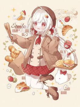 1girl absurdres bag baguette beret boots braid bread bread_slice croissant drooling food food-themed_hair_ornament fruit hair_ornament hair_rings hat highres jam kuzuhara_kazuya lace-up_boots lolita_fashion long_hair melon_bread mouth_drool orange_(fruit) orange_slice original plaid_clothes plaid_skirt rabbit red_eyes red_skirt shirt skirt solo strawberry strawberry_hair_ornament white_hair