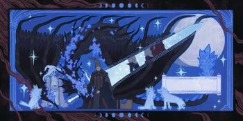 bending black_background blue_background blue_hair blue_robe crystal dragon elden_ring extra_arms hat highres holding holding_knife knife la_bo_chu_shi moon moonlight moonlight_greatsword night petting pillar ranni_the_witch red_hair rennala_queen_of_the_full_moon robe scroll smoke standing star_(sky) white_robe wings witch_hat wolf