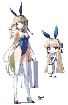 1girl absurdres animal_ears blonde_hair blue_archive blue_bow blue_bowtie blue_eyes blue_leotard blue_shoes blush bow bowtie braid breasts briefcase chibi cleavage closed_mouth dated detached_collar earpiece fake_animal_ears fake_tail frown full_body hair_bow half_up_braid hand_up high_heels highleg highleg_leotard highres holding holding_briefcase kokukyukeo leotard long_hair looking_at_viewer medium_breasts multicolored_hair official_alternate_costume official_alternate_hairstyle playboy_bunny rabbit_ears rabbit_tail shoes signature simple_background standing strapless strapless_leotard streaked_hair tail thighhighs toki_(blue_archive) toki_(bunny)_(blue_archive) very_long_hair white_background white_thighhighs white_wrist_cuffs wrist_cuffs