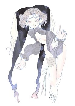 1girl arm_cutout bandaged_leg bandages bent_over black_hat black_shrug breasts brown_hair circle_facial_mark clothing_cutout collared_shrug colored_eyelashes commentary curly_hair diamond_(shape) english_commentary facial_mark feet_out_of_frame fluffy_hair forehead frilled_sleeves frills grin hat highres jester_cap kneehighs large_areolae long_sleeves looking_at_viewer mark_under_both_eyes opood original pale_skin pink_eyes pointy_ears print_hat short_hair shrug_(clothing) skinny small_breasts smile socks solo teardrop_facial_mark thigh_gap white_background white_socks