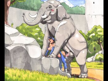 1boy 1girl acrylic_paint_(medium) against_rock animal animal_penis arm_support bad_id bad_pixiv_id bent_over bestiality blue_headwear blue_jumpsuit blush blush_stickers boots boulder bouncing_breasts breasts breasts_out brown_hair caracol censored closed_eyes clothed_sex cloud comic cum cum_in_pussy cum_overflow day doggystyle elephant from_behind full_body functionally_nude grass hanging_breasts hat heart hetero inflation interspecies jumpsuit large_breasts large_insertion leaning_forward long_hair moaning mosaic_censoring motion_lines no_bra no_panties open_clothes open_jumpsuit open_mouth original outdoors painting_(medium) penis public_indecency railing sex sex_from_behind shiny_skin size_difference sky stomach_bulge sweat tongue tongue_out traditional_media tree tusks unzipped vaginal white_footwear zoo zookeeper