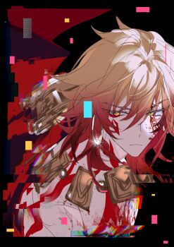 Rule 34 | 1boy, absurdres, arm tattoo, black coat, blonde hair, blood, blood on face, braid, chest tattoo, coat, commentary, earrings, facial tattoo, glitch, gold earrings, gold necklace, gradient hair, highres, honkai: star rail, honkai (series), jewelry, liaoxiaoyan0919, male focus, medium hair, multicolored hair, mydei (honkai: star rail), necklace, open clothes, open coat, red hair, red tattoo, side braid, solo, tattoo, unfinished, yellow eyes